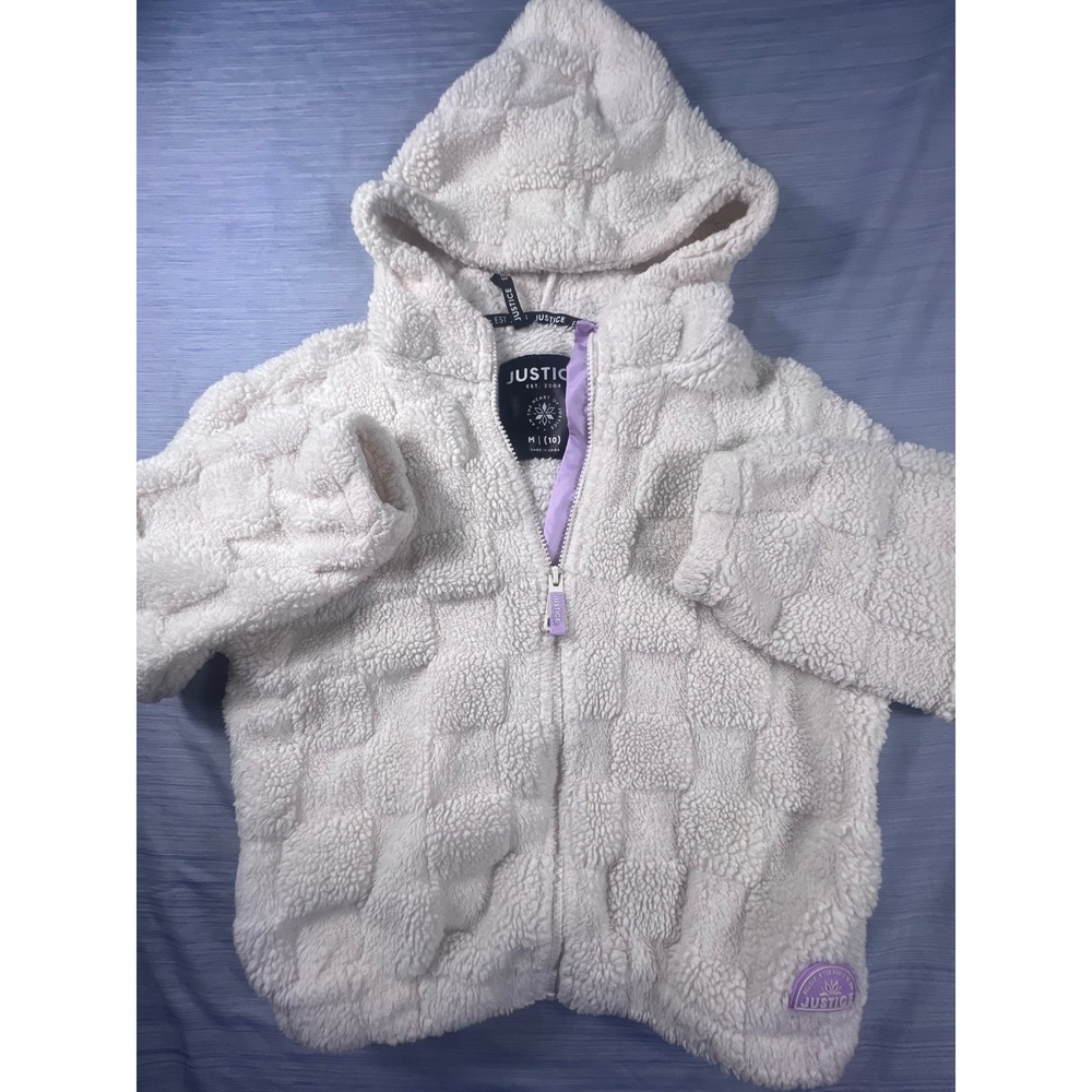 Justice Girls White Sherpa Fleece Checkerboard Full Zip Hoodie Size M 10